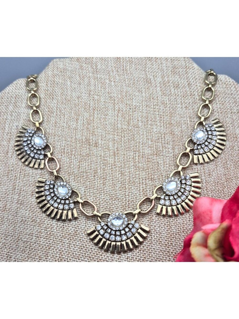 Statement Runway Chic Gold Tone & Crystal Fan Collar Necklace 21.5" Chunky Chain